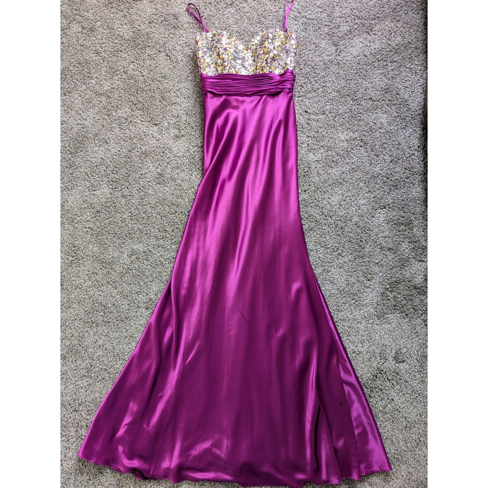 Flirt by Maggie Sottero Magenta Satin Sequin Beaded Prom Dress Gown Size 2